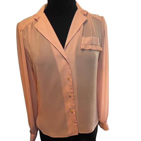 Vintage 70s Gisele Pink Secretary Ruffle Sheer Blouse Med Large Work Boho Preppy - Picture 1 of 7